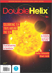 Cover of 'Double Helix' magazine issue 80, showing a molten sun in space,